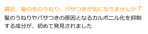 最近、髪の毛のうねり、パサつきが気になりませんか？
髪のうねりやパサつきの原因となるカルボニル化を抑制する成分が、初めて発見されました